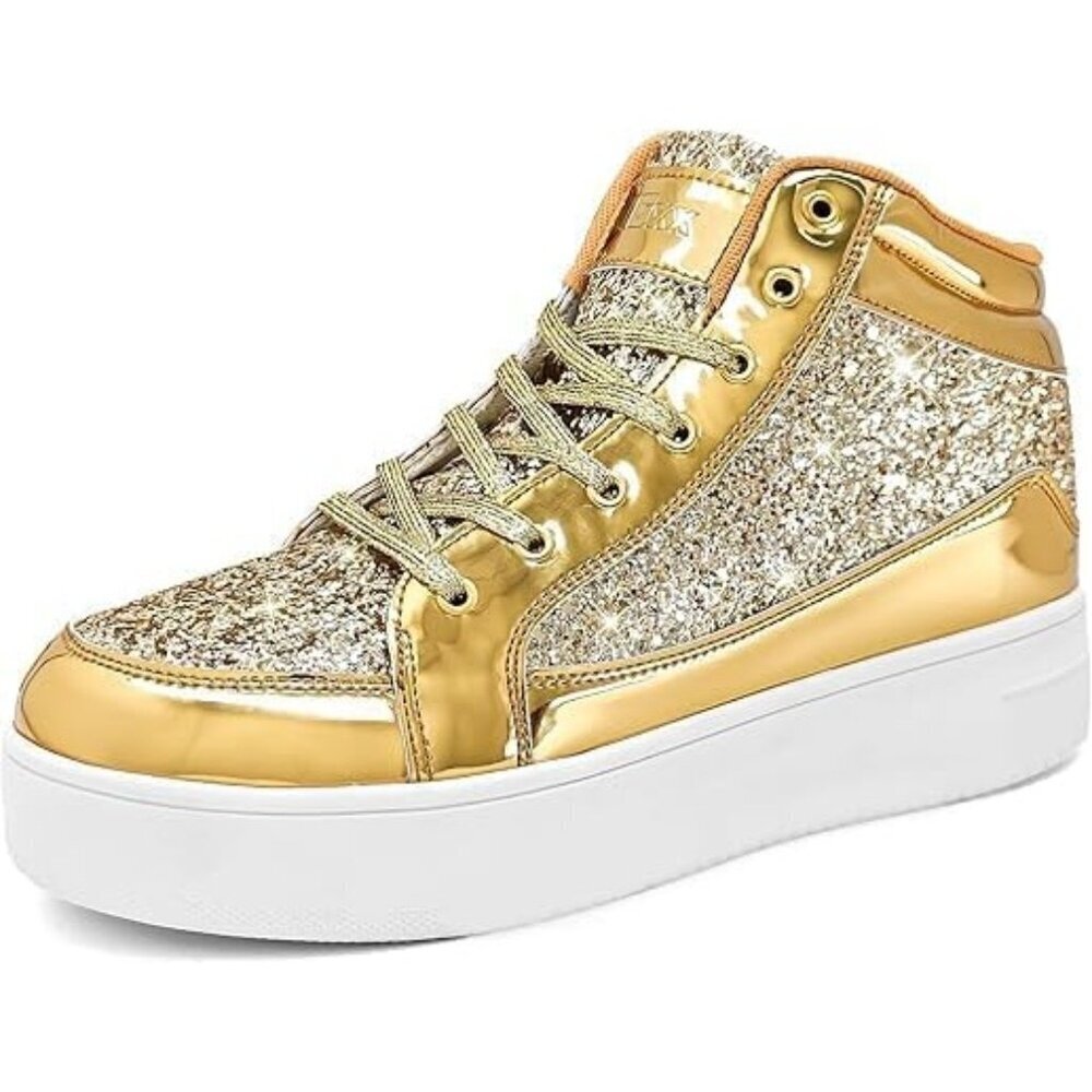 Women's Gold Shiny Glitter Sequin Shoes High Top Sneakers Fashion Bling